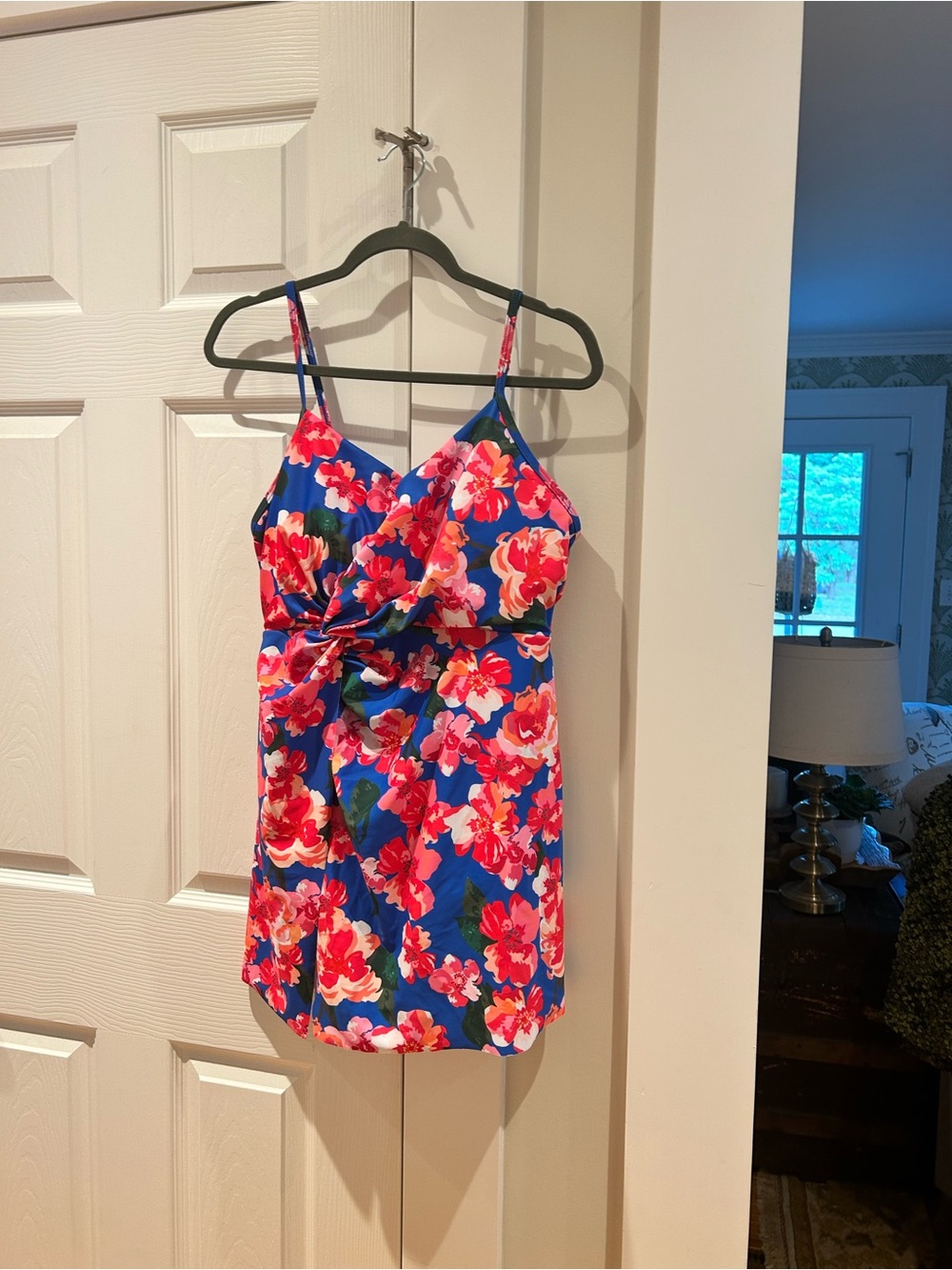 Nicole Miller Blue Floral One-Piece Swim Dress with Pink & Red Blooms